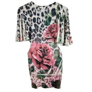 Diva Sz M Cream Stretch Rose Print Pencil Wiggle Evening Cocktail Party Dress